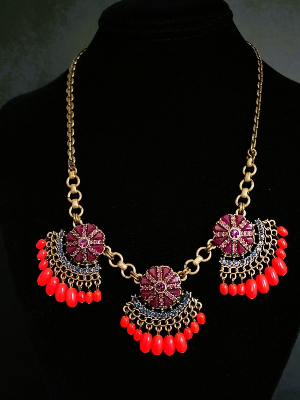 J. Crew Boho Fringed Fan Statement Necklace - Plum & Neon Orange Retired